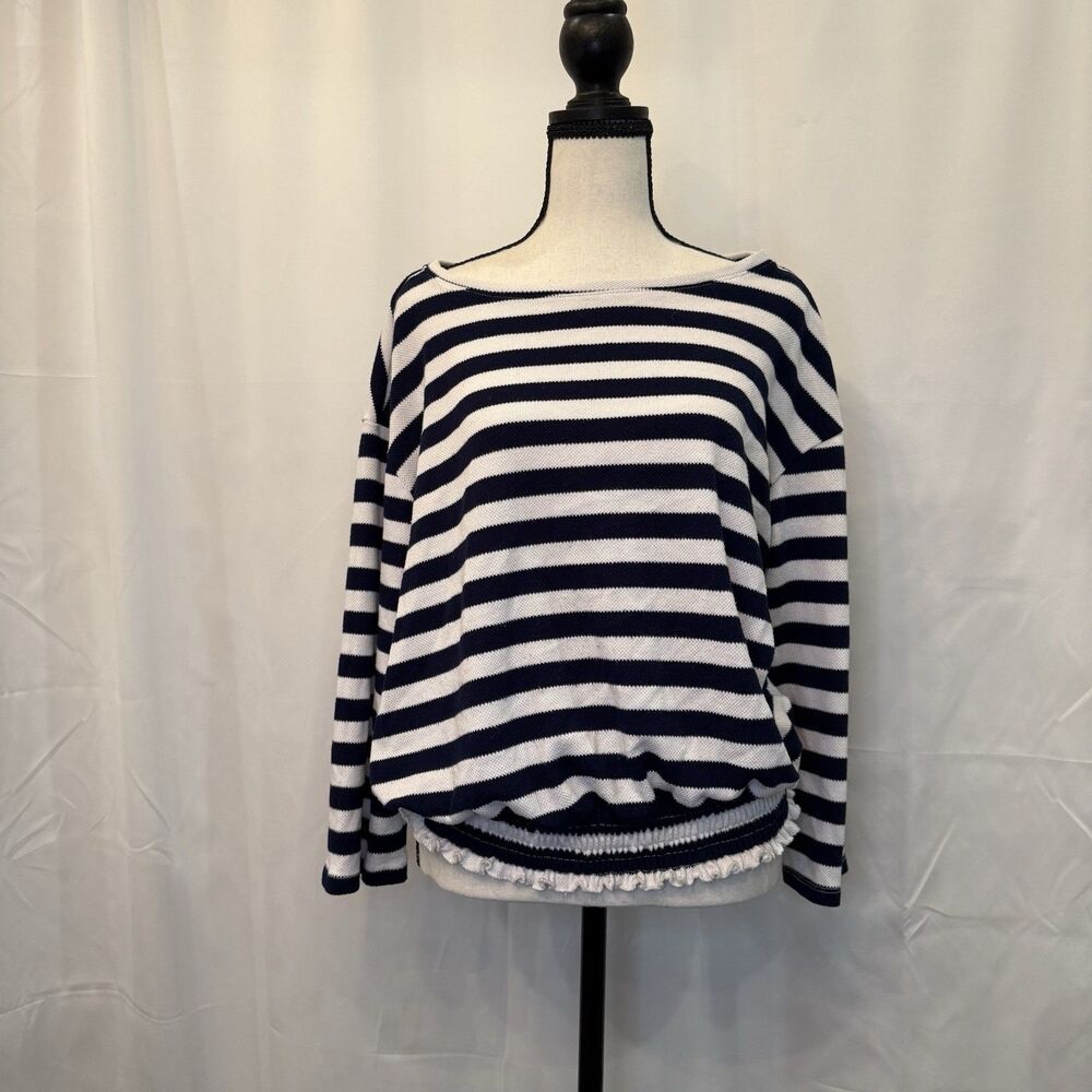 St. Johns Bay Crew Neck Sweater Womens Blue White Striped Long Sleeve Size XL
